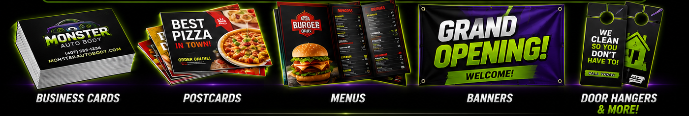 Wholesale printing products: business cards, postcards, menus, banners, and door hangers